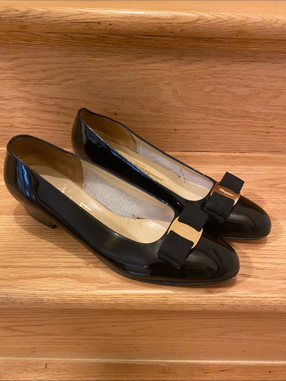Salvatore Ferragamo Black Patent Vara Bow Low Heel Flats